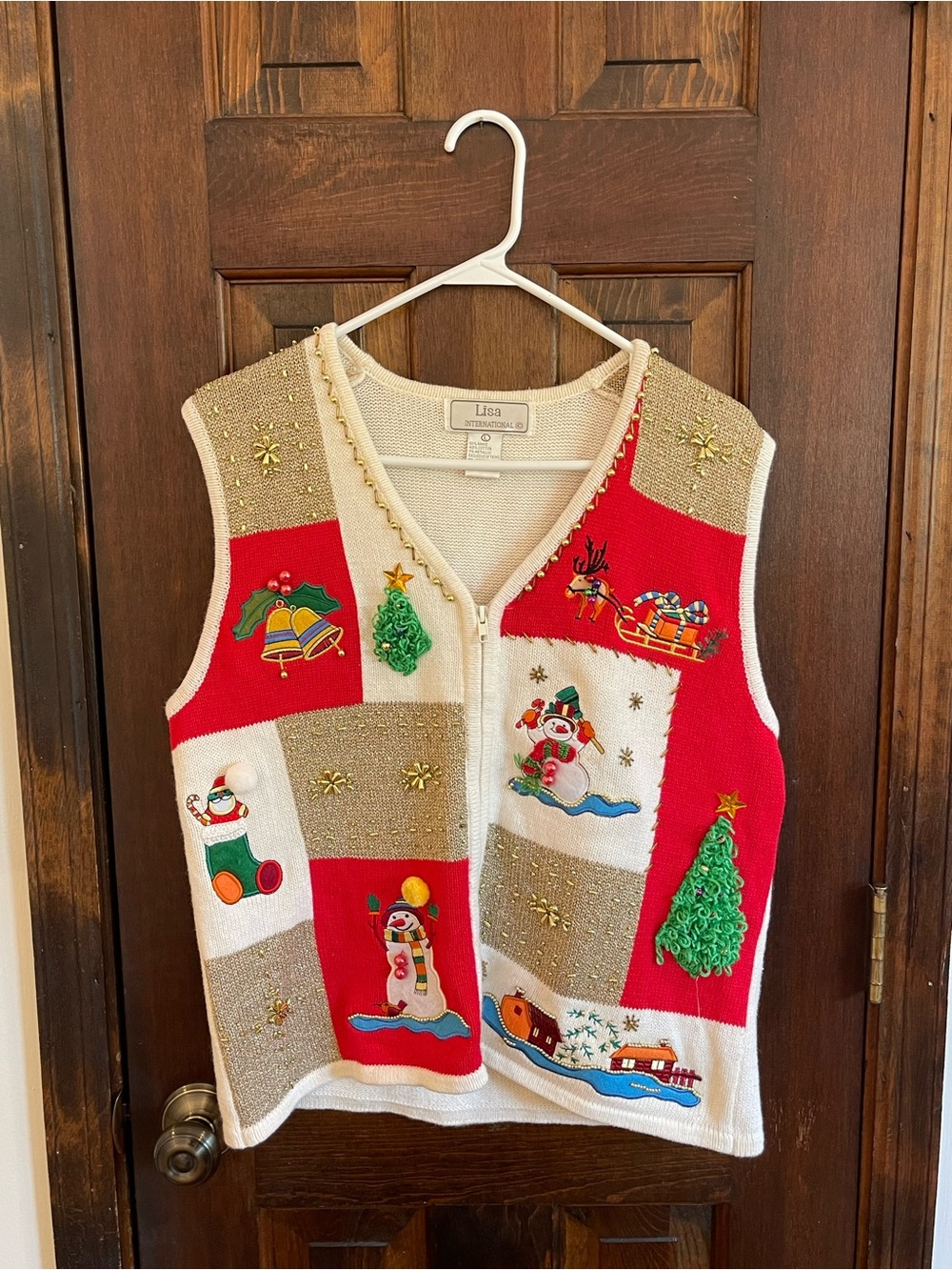 Vintage Lisa International Christmas Beaded Patchwork Zip-Up Sweater Vest Large
